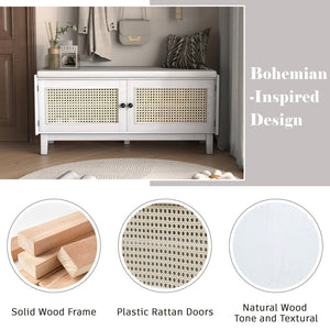 English Elm Trexm Bohemian Rattan Storage Bench Cushioned Seat Shoe Cabinet for Entryway Beige,White N715P308012K