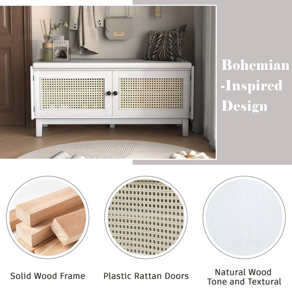 English Elm Trexm Bohemian Rattan Storage Bench Cushioned Seat Shoe Cabinet for Entryway Beige,White N715P308012K