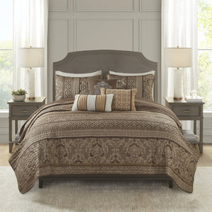 English Elm 6 Piece Bellagio Jacquard Quilt Set Reversible Full/Queen with Embroidered Leaf Motifs & Pillows Brown+Gold 23.03 L x 17.72 W x 7.87 H B03597482