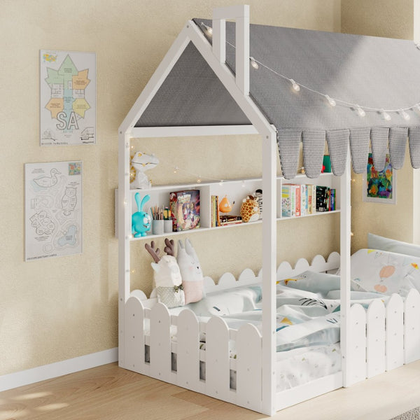 English Elm {slats Are Not Included} Twin Montessori House Floor Bed Kids Tent Lights Shelves Pinewood Frame White N708P407962K