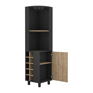 English Elm Corner Bar Cabinet with Ten Built-In Wine Slots, Cup Rack & Spacious Top Shelf for Entertaining Multicolor 43 L x 21 W x 3 H B097S00134