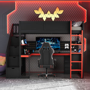 English Elm Full Size Gaming Loft Bed with Led Lighting Desk Shelves and Usb Charging Ports N820S00070J