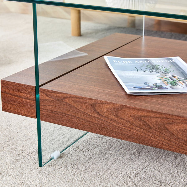 English Elm 31.4 Modern Two-Tier Square Coffee Table with Tempered Glass Top & Walnut Shelf — Stylish Storage W1512P407505