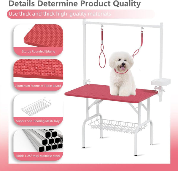English Elm 36''large Folding Dog Grooming Table with Arm Noose Mesh Tray for Home Pet Care W3587P358715