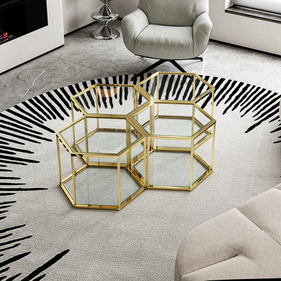 English Elm 1+3 Gold Stainless Steel Coffee Table Set with Double-Layer Tempered Glass, Polygonal Modern Centerpiece W2723S00041
