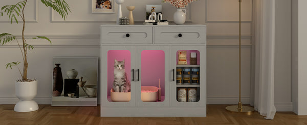 English Elm Cat Litter Box Cabinet with Glass Doors Led Light Drawers and Wood Grain Finish Gray N704P395520E