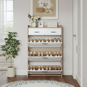 English Elm 1250 White & Oak Shoe Cabinet - Stylish 3-Door Storage With 2 Drawers For Organized Entryways & Bedrooms W1320P236452