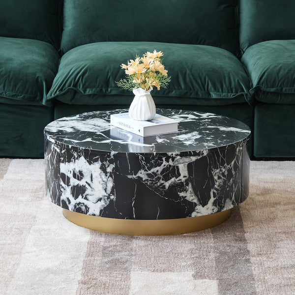 English Elm Tavola Round Coffee Table with Marble Pattern Top and Metal Legs, Two Drawers for Stylish Storage Black B341P321162