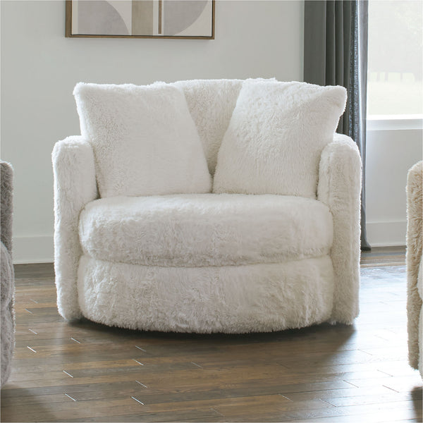 English Elm 1pc Plush Swivel Round Accent Chair in White Faux Fur with Oversized Pillows, Curved Track Arms, Cozy Lounge Comfort B2741P378642