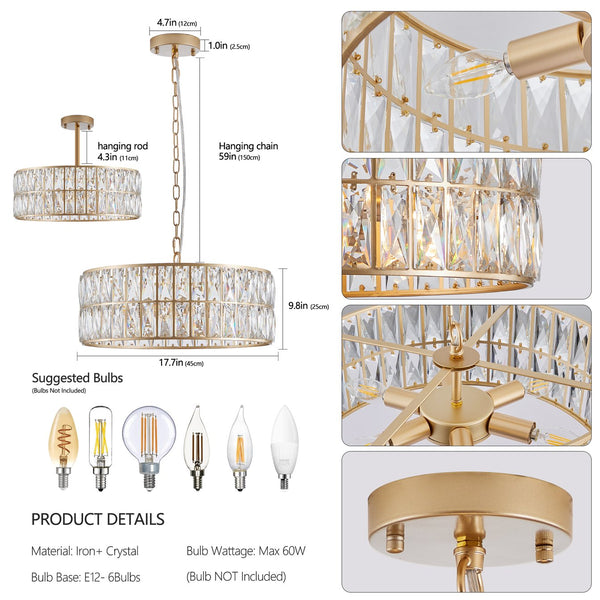 English Elm (L5025-450-G/W1340P189450)18" Golden Modern Crystal Drum Chandelier, 6-Light K9 Crystal Pendant with Adjustable Chain for Dining Room Ambiance W1340P189509