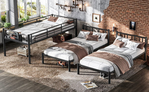 English Elm Twin Triple Bunk Bed Metal L-shaped Frame Sleeps Three Kids White Finish Black W1580S00615