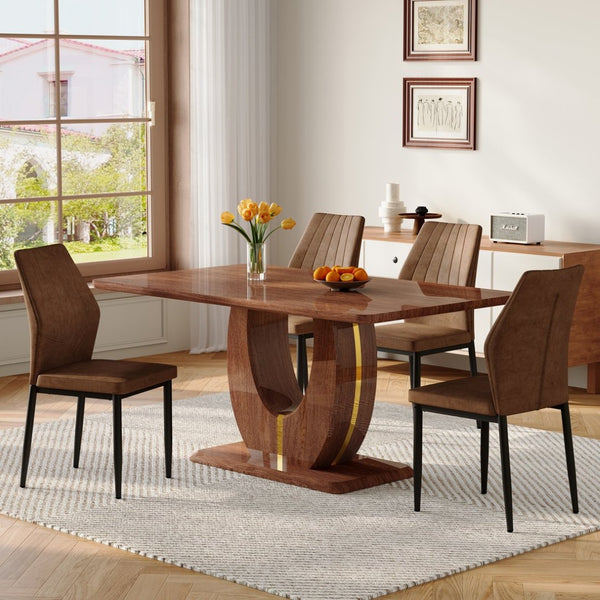 English Elm One 5 Piece Dining Set 63 Inch Table Dark Wood Grain Top with Brown Fabric Chairs W1151S04407