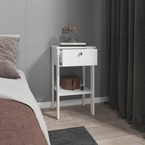 English Elm Nightstand, Compact 1-Drawer + Open Shelf, Elevated 4-Leg Engineered Wood, White, Ready-to-Assemble B097P369424