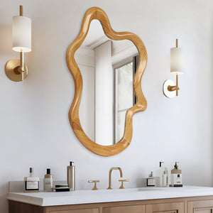 English Elm 33.46" Irregular Wall Mirror with Natural Wood Frame — Organic Flowing Shape, Clear Reflection, Easy Mounting W2295P365037