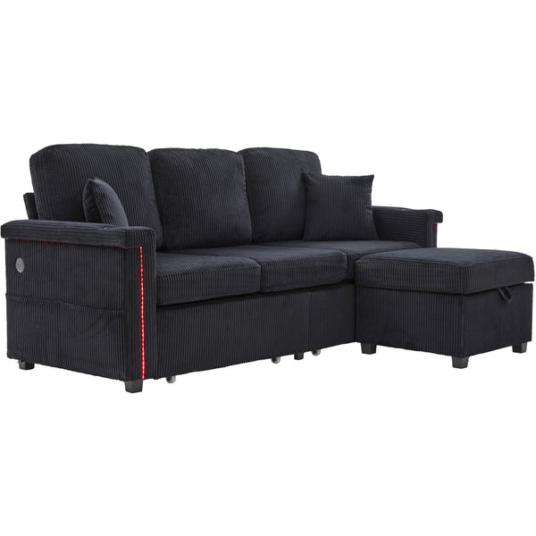 English Elm UNITED Corduroy L-Shaped Sectional Sofa with Storage Ottoman, USB Ports, Cup Holders & LED Lighting Black W1568P332409