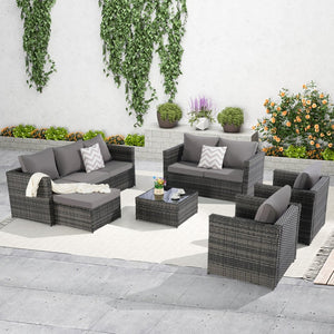English Elm 6 Piece Outdoor Modular Sectional with Pe Wicker Cushioned Seating and Tempered Glass Table Dark Gray W874S00062