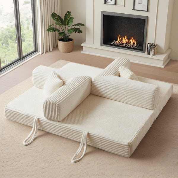 English Elm Compression Foldable Floor Sofa Bed Corduroy Futon with Foam Support for Small Spaces Beige W3716P379182