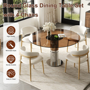 English Elm 35-inch Round Tempered Glass Dining Table with Steel Base for Small Apartments W509S00163