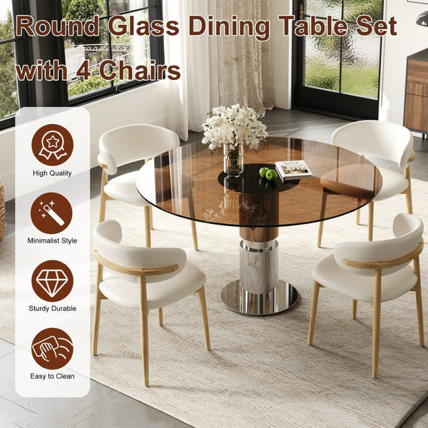 English Elm 35-inch Round Tempered Glass Dining Table with Steel Base for Small Apartments W509S00163