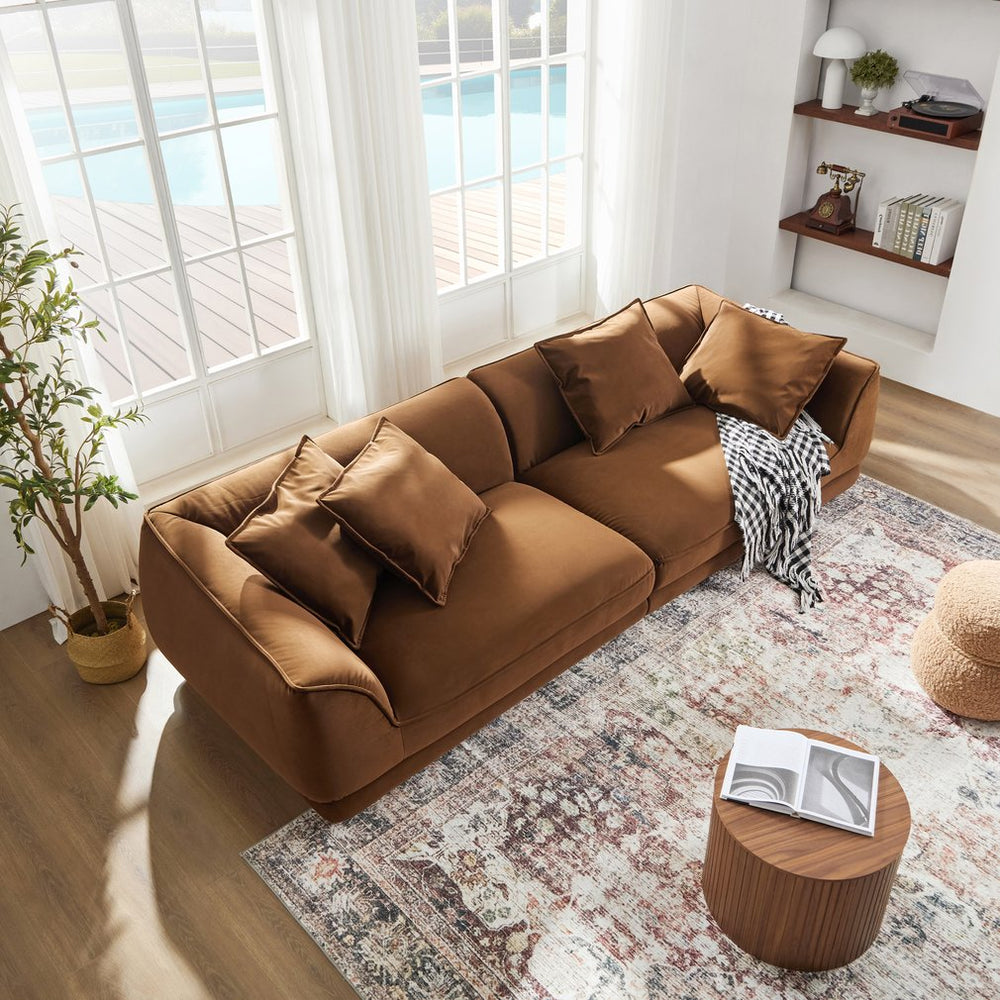 English Elm WKS16C Camel Sofa - Nordic Modern 3-Seater Flannel, Waterproof Antifouling Fabric, Solid Wood Frame, High-Rebound Sponge W2085S00055