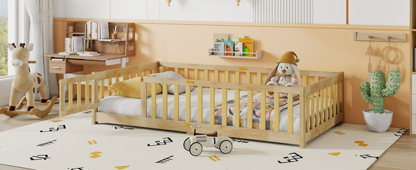 English Elm Twin Size Floor Bed With Safety Fence And Door – Eco-Friendly Rubber Wood, Low-Profile Design For Kids W504P286374-GIGA