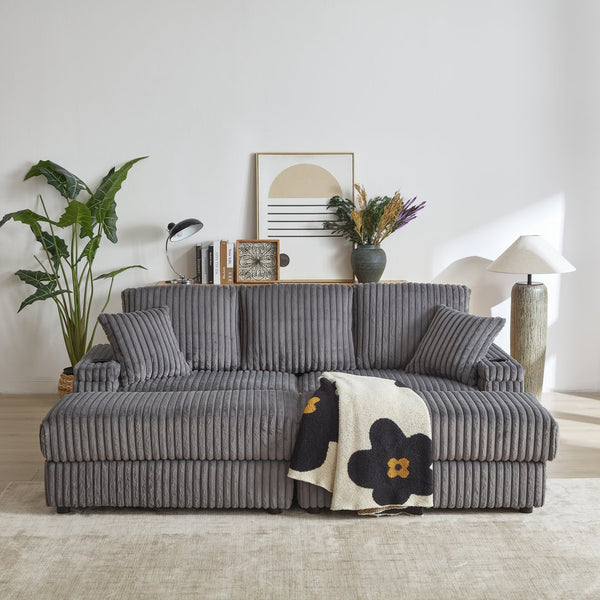 English Elm 84Inch Corduroy sofa with deep seats, 3 back pillows, 2 toss pillows, ottomans, cup grooves, storage Grey W834S00358