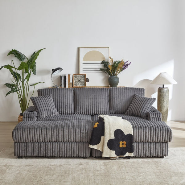 English Elm 84inch Corduroy Deep Seat Three Person Sofa with Storage Ottomans for Living Room Grey W834S00567