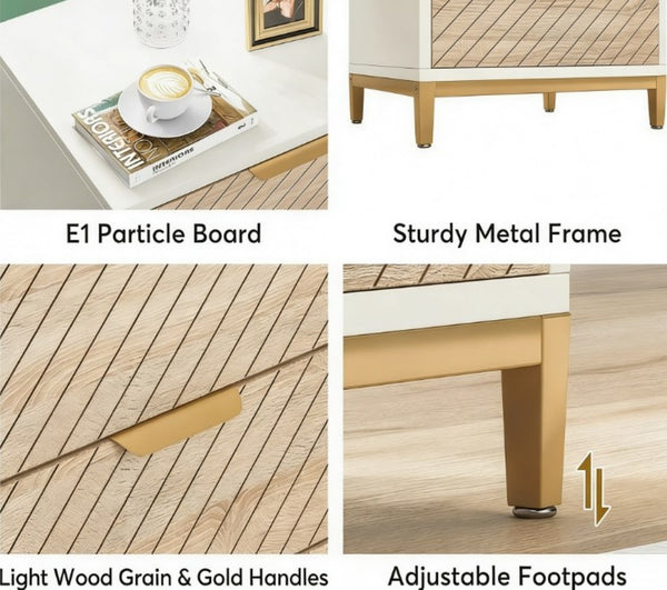English Elm Versatile 3 Drawer Nightstand with Gold Legs Light Wood Grain Finish Bedroom End Table T3971P448530