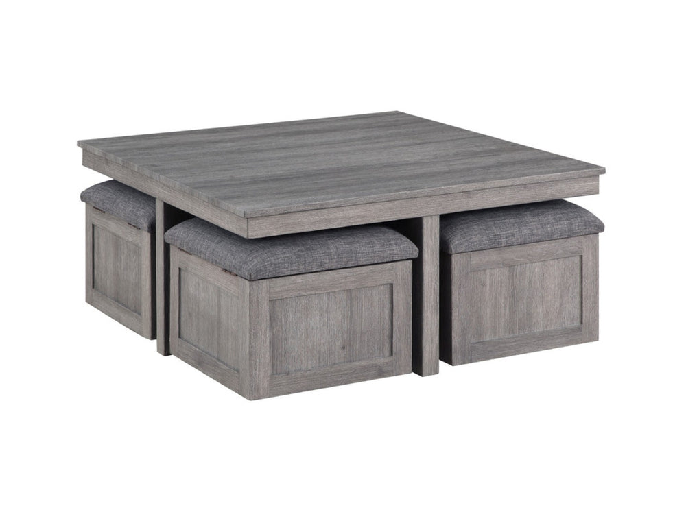English Elm Montalbano Square Coffee Table with Four Nesting Wheeled Ottoman Storage Stools Light Gray B2749P413274