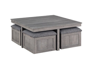 English Elm Montalbano Square Coffee Table with Four Nesting Wheeled Ottoman Storage Stools Light Gray B2749P413274