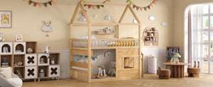 English Elm Full Size Solid Wood House Bed with Led Shelf Lighting for Kids Bedroom Natural N7500005026N