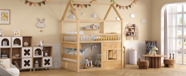 English Elm Full Size Solid Wood House Bed with Led Shelf Lighting for Kids Bedroom Natural N7500005026N