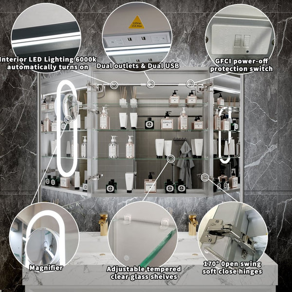 English Elm 30*32 Inch Led Medicine Cabinet with Anti-fog Gfci Outlet and Stepless Dimming Mirror W637P349459