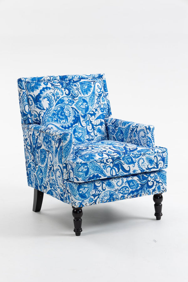 English Elm Upholstered Accent Chair with Porcelain-Print Linen, Nailhead Trim, High-Density Foam Comfort and Solid Wood Frame Blue and White Stripes W2530P365002