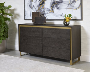 Sunpan Alvaro Dresser - Classic Grey Oak with Six Push-to-Open Drawers & Rustic Bronze Steel Legs, Stylish!