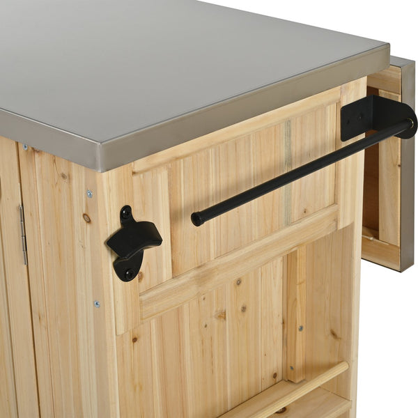 English Elm Outdoor Kitchen Island Solid Fir Wood with Foldable Stainless Top, Ample Storage, Wheels, Opener Natural Wood N719P246553Y