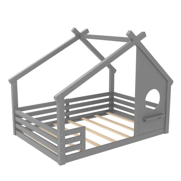 English Elm Full House Floor Bed with Roof Window and Shelf – Solid Pine Kids Loft-Style Low Bed, Durable Design Grey W1580P362698