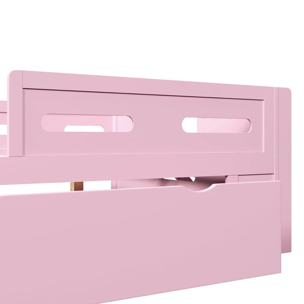 English Elm Wood Twin Platform Bed for Kids with Fence Guardrail and Under Storage Drawer Pink N709P385776H