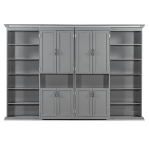 English Elm Full-size Murphy Wall Bed with Sliding Cabinets and Twelve Open Shelves for Studios Gray LP000919AAE