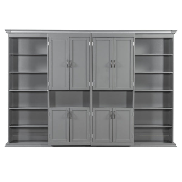 English Elm Full-size Murphy Wall Bed with Sliding Cabinets and Twelve Open Shelves for Studios Gray LP000919AAE