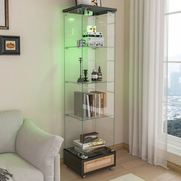 English Elm Modern Glass Display Cabinet With Led Lighting - Space-Saving Antique Storage For Living Room & Bedroom W241P268205