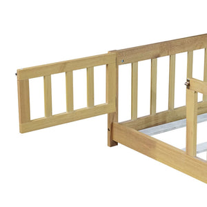 English Elm Twin Size Rubberwood Floor Bed with Safety Fence for Toddler Rooms Natural Finish W504P370533