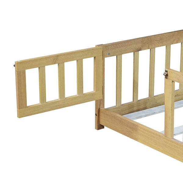 English Elm Twin Size Rubberwood Floor Bed with Safety Fence for Toddler Rooms Natural Finish W504P370533