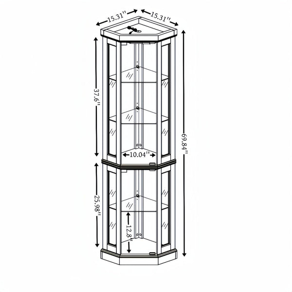 English Elm Corner Curio Cabinet Lighted Glass Display Case with Mirrored Back for Living Room Antique White W2275P194429