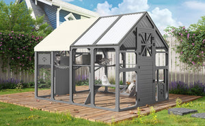 English Elm Large Walk-in Pine Wood Catio Enclosure with Platforms Resting Boxes and Planter Grey N704G201618E