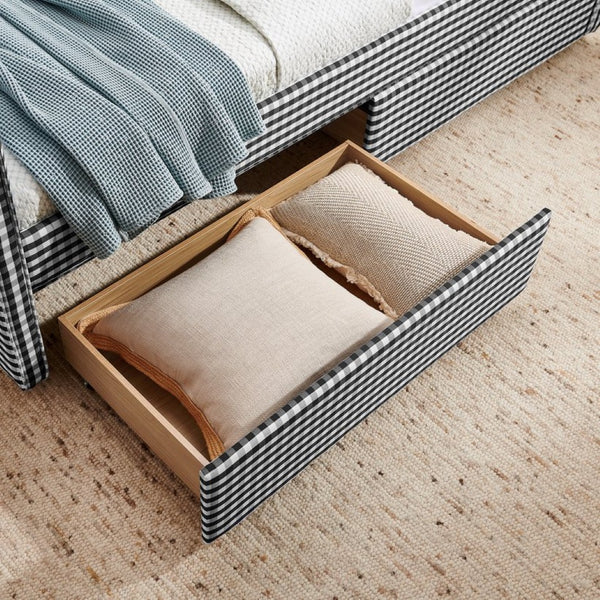 English Elm Twin Gingham Linen Daybed with Wave Silhouette Usb Port and Dual Storage Drawers Black W1413S00145