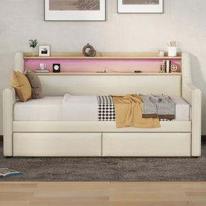 English Elm Twin Size Daybed With Storage Drawers, Charging Station & Led Lights - Stylish Beige Upholstered Design W1580S00033-GIGA