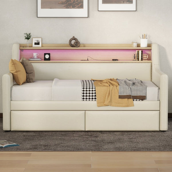English Elm Twin Size Daybed With Storage Drawers, Charging Station & Led Lights - Stylish Beige Upholstered Design W1580S00033-GIGA