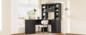 English Elm L-shaped computer desk with ample storage 11 shelves, 3 cabinets, 2 drawers, flip-up shelf for workspaces Black W1580S00189
