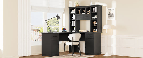 English Elm L-shaped computer desk with ample storage 11 shelves, 3 cabinets, 2 drawers, flip-up shelf for workspaces Black W1580S00189